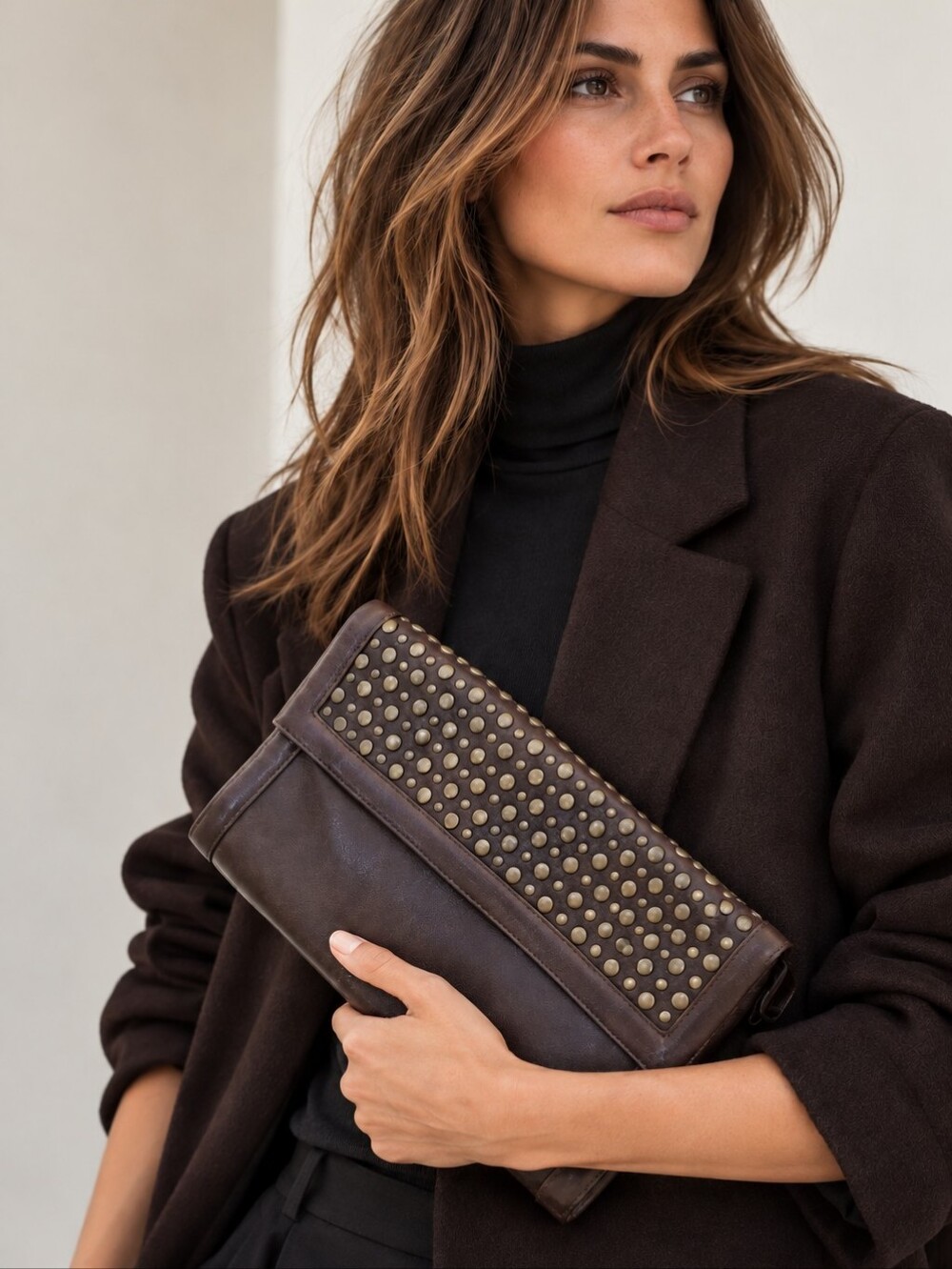 STUART WEITZMAN Oversized Large Studded Brown Leather Clutch Wristlet Handbag